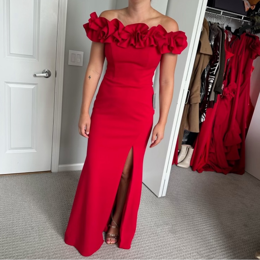 XSCAPE Red Ruffled Off-The-Shoulder Gown, Size 4 (Bridesmaid Dress)
